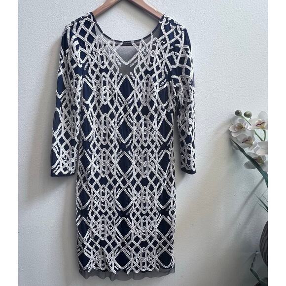 New JS Collections Fully Beaded White Navy Long Sleeves V-Back Elegant Dress 10 - Picture 1 of 7